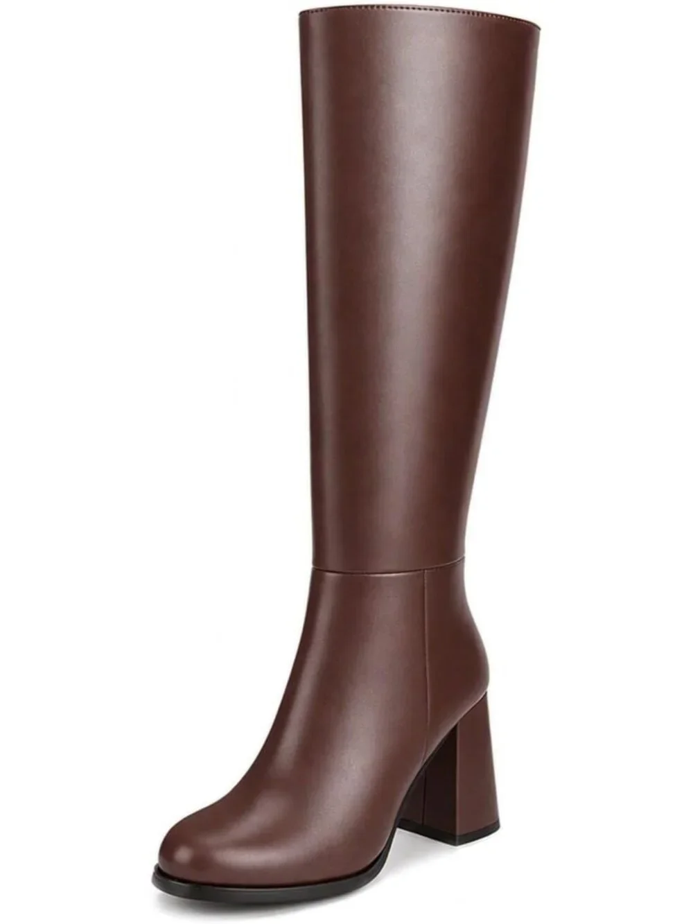 Women's Brown Round Toe 3.35 Inch Chunky Block Heel Slouchy Knee High Boots